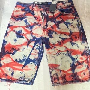 Waimea Red and Blue paint splatter Denim Shorts youth size 18